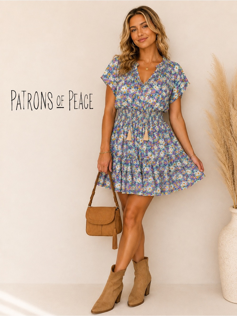 Patrons of Peace Floral Smocked Waist Tassel Tie Tiered Mini Dress Size M
